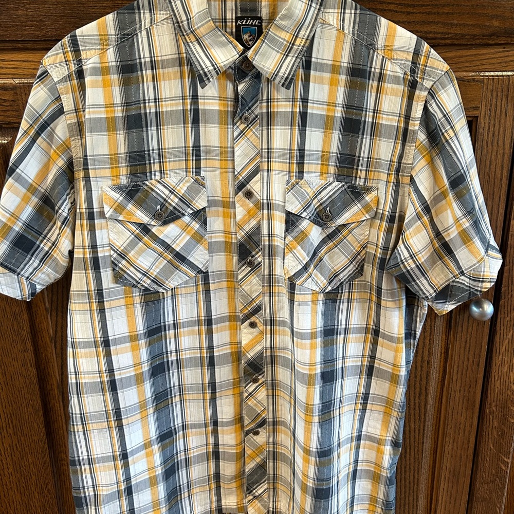 Kuhl Men's Casual Plaid Shirt in Black, Gray, and Yellow